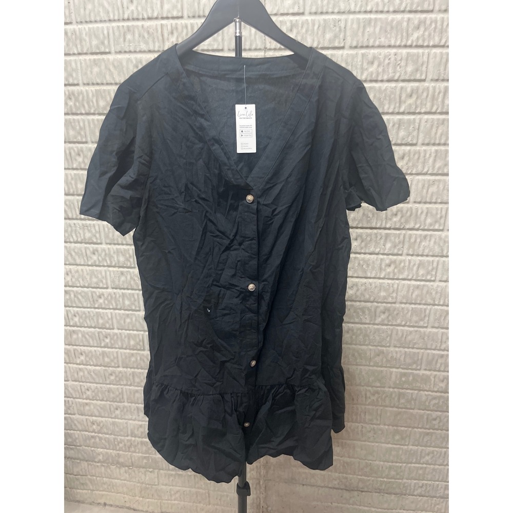 Cupshe Black Button Down V-Neck Ruffle Hem Peplum Top XXL CAAD5A4A057AA